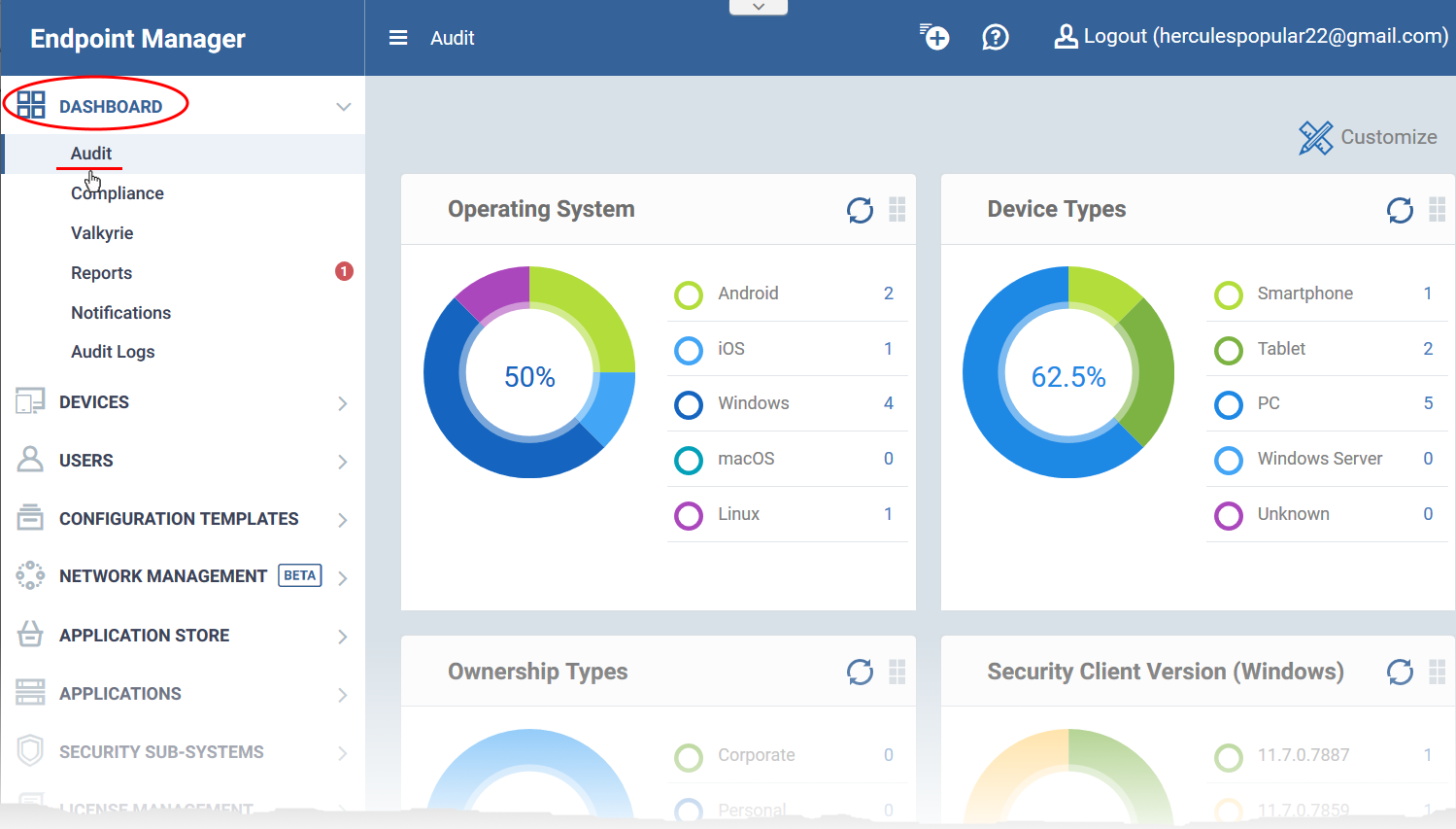 Endpoint Manager, Security Manager Dashboard