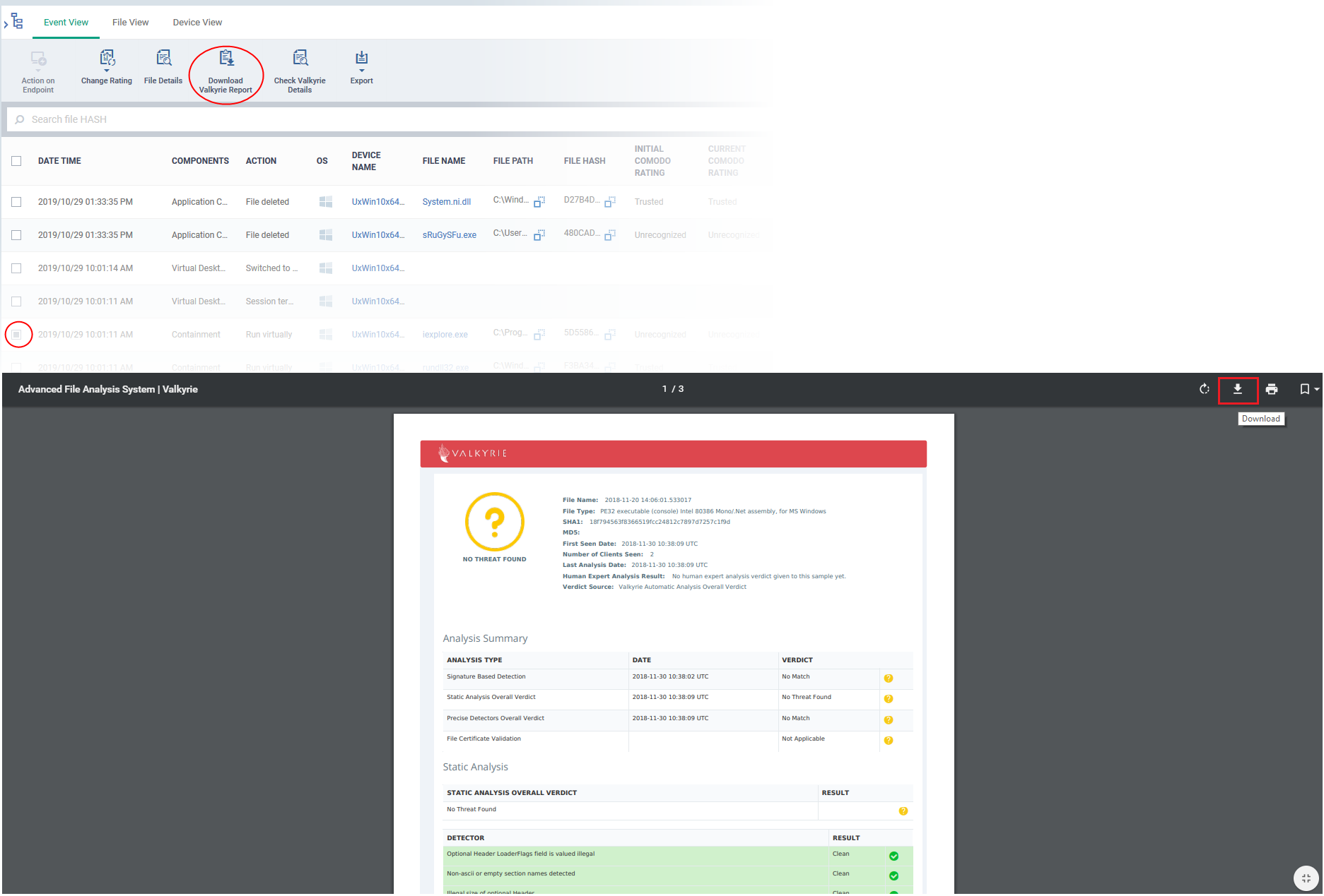 How to view the Valkyrie report on files which caused a security event